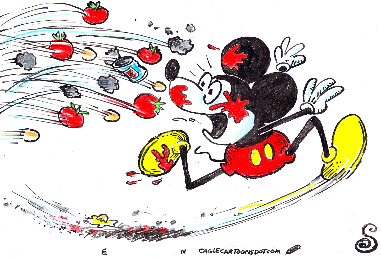 This cartoon depicts Mickey Mouse splattered with tomatoes as he runs away from an oncoming cloud of tomatoes, aluminum cans, and rocks that have been thrown at him.