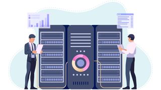 Data backups concept art showing two men in a server room analyzing data on servers.