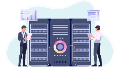 Data backups concept art showing two men in a server room analyzing data on servers.