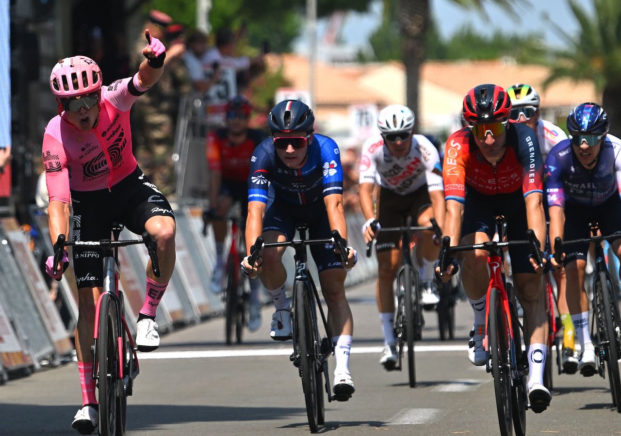 GRUISSAN, FRANCE - JUNE 15: (L-R) Marijn van den Berg of The Netherlands and Team EF Education-EasyPost celebrates at finish line as stage winner ahead of Paul Penho&Atilde;&laquo;t of France and Team Groupama - FDJ, Elia Viviani of Italy and Team INEOS Grenadiers and Sandy Dujardin of France and Team TotalEnergies during the 47th La Route D'Occitanie-La Depeche Du Midi 2023, Stage 1 a 184.3km stage from Narbonne to Gruissan on June 15, 2023 in Gruissan, France. (Photo by Luc Claessen/Getty Images)