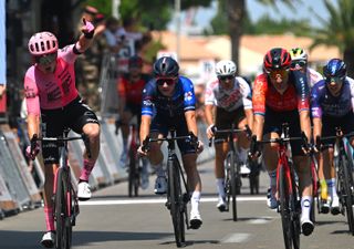 GRUISSAN, FRANCE - JUNE 15: (L-R) Marijn van den Berg of The Netherlands and Team EF Education-EasyPost celebrates at finish line as stage winner ahead of Paul PenhoÃ«t of France and Team Groupama - FDJ, Elia Viviani of Italy and Team INEOS Grenadiers and Sandy Dujardin of France and Team TotalEnergies during the 47th La Route D'Occitanie-La Depeche Du Midi 2023, Stage 1 a 184.3km stage from Narbonne to Gruissan on June 15, 2023 in Gruissan, France. (Photo by Luc Claessen/Getty Images)
