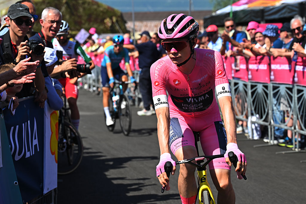 GEMONA DEL FRIULI, ITALY - MAY 30: Jonas Vingegaard of Denmark and Team Visma | Lease a Bike - Pink Leader Jersey prior to the 109th Giro d&amp;amp;apos;Italia 2026, Stage 20 a 200km stage from Gemona del Friuli to Piancavallo 1289m / #UCIWT / on May 30, 2026 in Gemona del Friuli, Italy. (Photo by Tim de Waele/Getty Images)