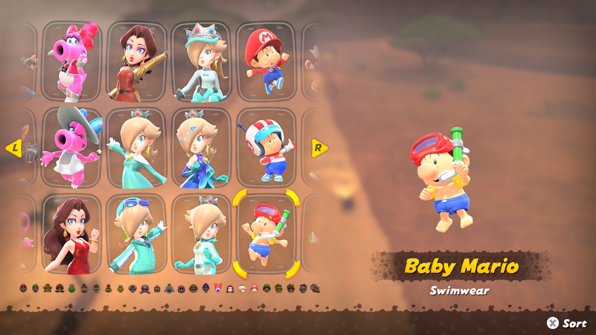 Mario Kart World Baby Mario outfits including swimwear