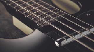 Close up of the Danelectro Longhorn bass fretboard and neck pickup