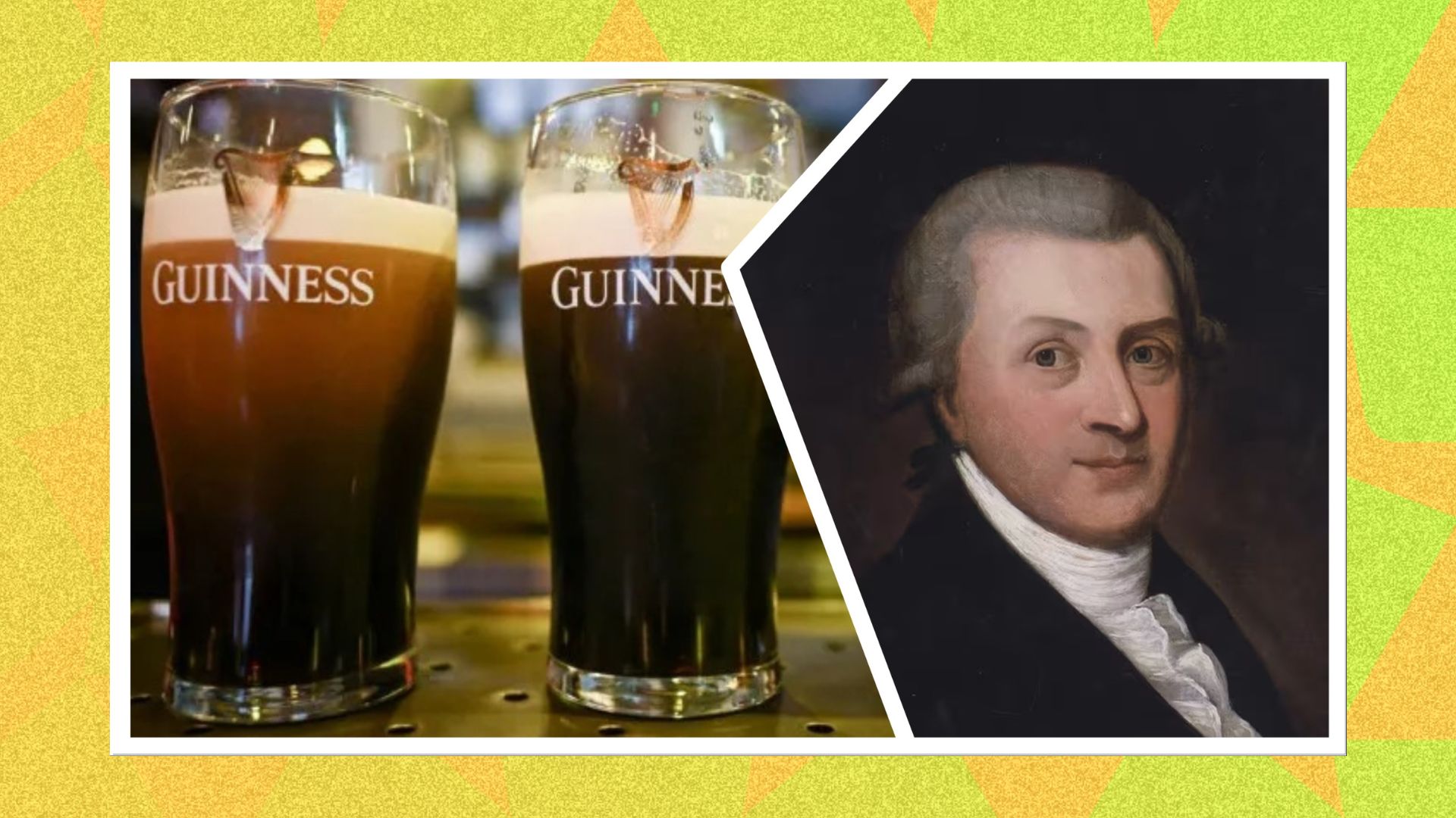 Arthur Guinness sliced together with a photo of pints 