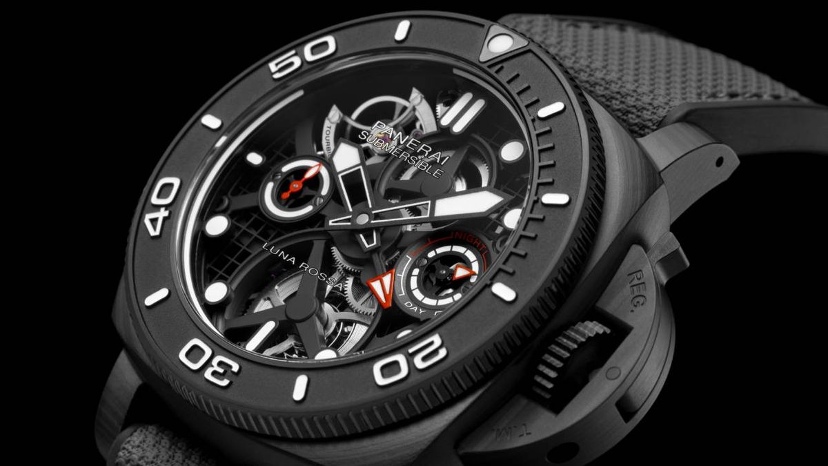 This Panerai Submersible has a striking tourbillon and intricate openwork dial