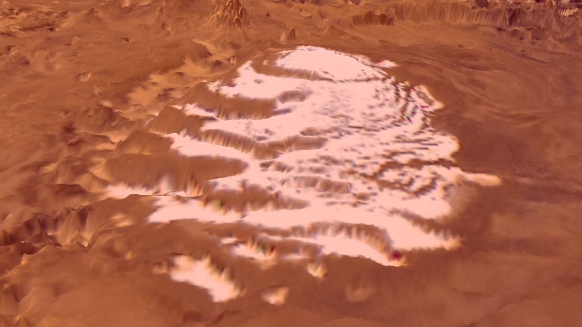 A perspective view of the south polar cap of Mars, using data from two retired NASA missions. It combines Viking imagery with topography from the Mars Orbiter Laser Altimeter, from the Mars Global Surveyor spacecraft.