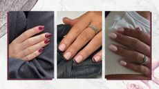 A collage of New Year's Eve nails: on the left is a close-up of a hand with almond burgundy nails, by nail artist and digital content creator, Mateja Novakovic/@matejanova. In the middle is a close-up of a hand with black glitter French tip nails, by nail artist, Fliss Alton/@gelsbyfliss and on the right is a picture of a hand with milky pink and pearl chrome nails, again created by Fliss Alton. All images featured in a grey and white template, with a silver glitter overlay and with two metallic nail polish spills. 