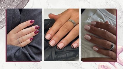 A collage of New Year's Eve nails: on the left is a close-up of a hand with almond burgundy nails, by nail artist and digital content creator, Mateja Novakovic/@matejanova. In the middle is a close-up of a hand with black glitter French tip nails, by nail artist, Fliss Alton/@gelsbyfliss and on the right is a picture of a hand with milky pink and pearl chrome nails, again created by Fliss Alton. All images featured in a grey and white template, with a silver glitter overlay and with two metallic nail polish spills. 