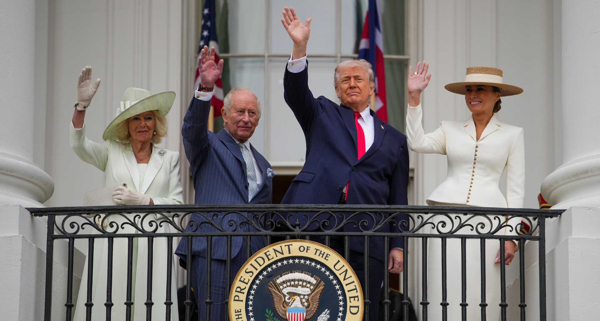 Queen Camilla, King Charles, Donald Trump and Melania Trump waving from the White House