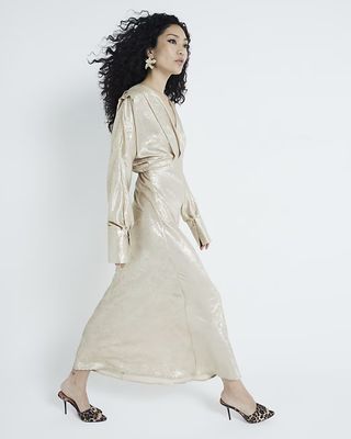 River Island, Gold Foil Batwing Maxi Dress