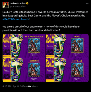 Baldur’s Gate 3 takes home 5 awards across Narrative, Music, Performer in a Supporting Role, Best Game, and the Player’s Choice award at the #BAFTAGamesAwards! We are so proud of our entire team - none of this would have been possible without their hard work and dedication!