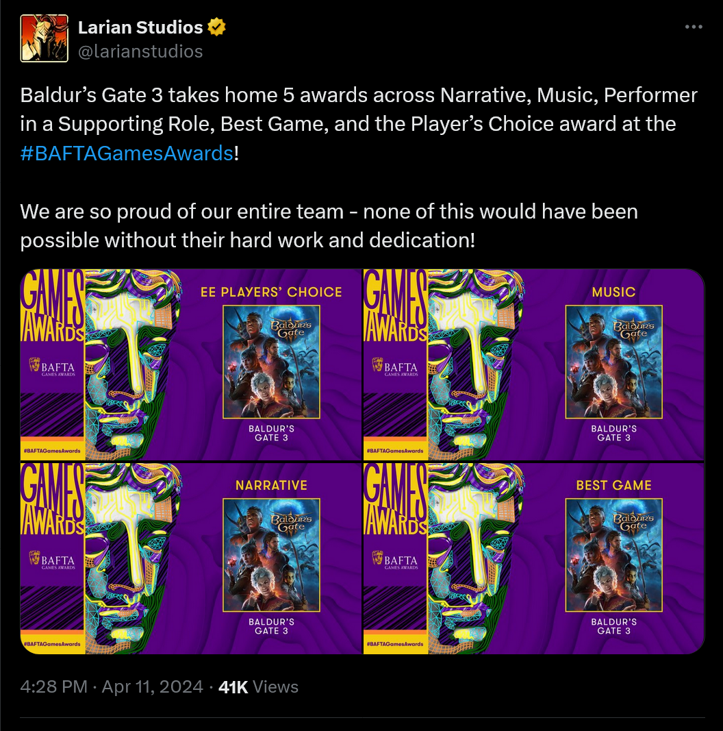 Baldur’s Gate 3 takes home 5 awards across Narrative, Music, Performer in a Supporting Role, Best Game, and the Player’s Choice award at the #BAFTAGamesAwards!  We are so proud of our entire team - none of this would have been possible without their hard work and dedication!