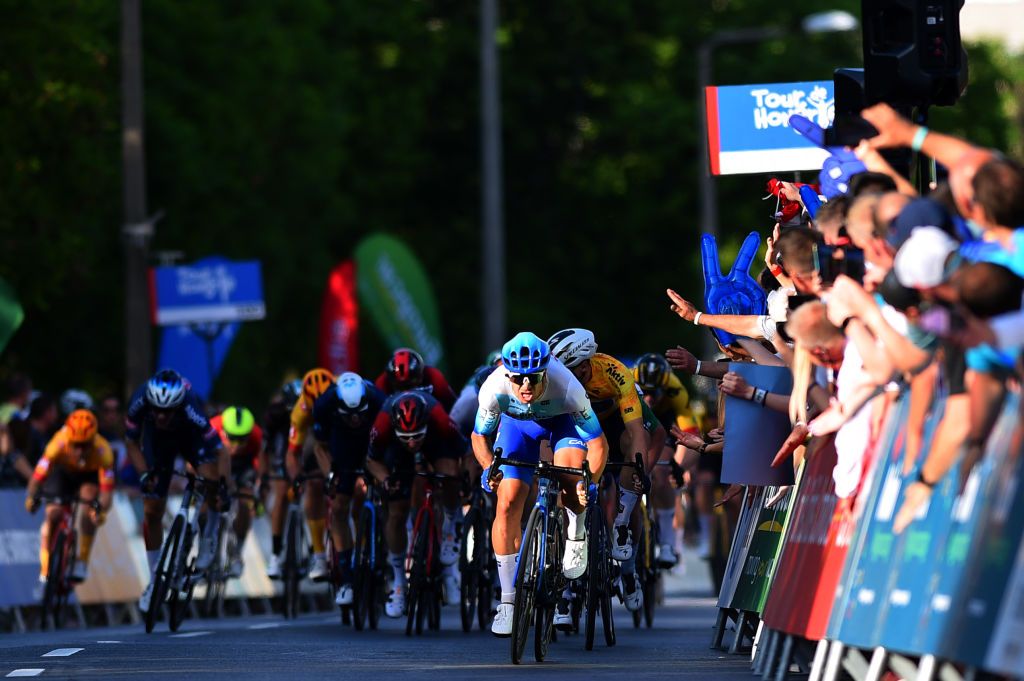 KAZINCBARCIKA HUNGARY MAY 14 Dylan Groenewegen of Netherlands and Team BikeExchange Jayco Fabio Jakobsen of Netherlands and Team QuickStep Alpha Vinyl Yellow Leader Jersey and Rudy Barbier of France and Team Israel Premier Tech Green Points Jersey sprint at finish line during the 43rd Tour de Hongrie 2022 Stage 4 a 177km stage from Kazincbarcika to Kazincbarcika tourdehongrie on May 14 2022 in Kazincbarcika Hungary Photo by Dario BelingheriGetty Images