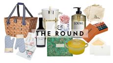 Chic summer hostess gifts, including a picnic basket, pair of oven mitts, table runner, bottle of olive oil, ice bucket, guest book, frame, Venus et Fleur rose, Dutch oven, Loewe hand soap, and more