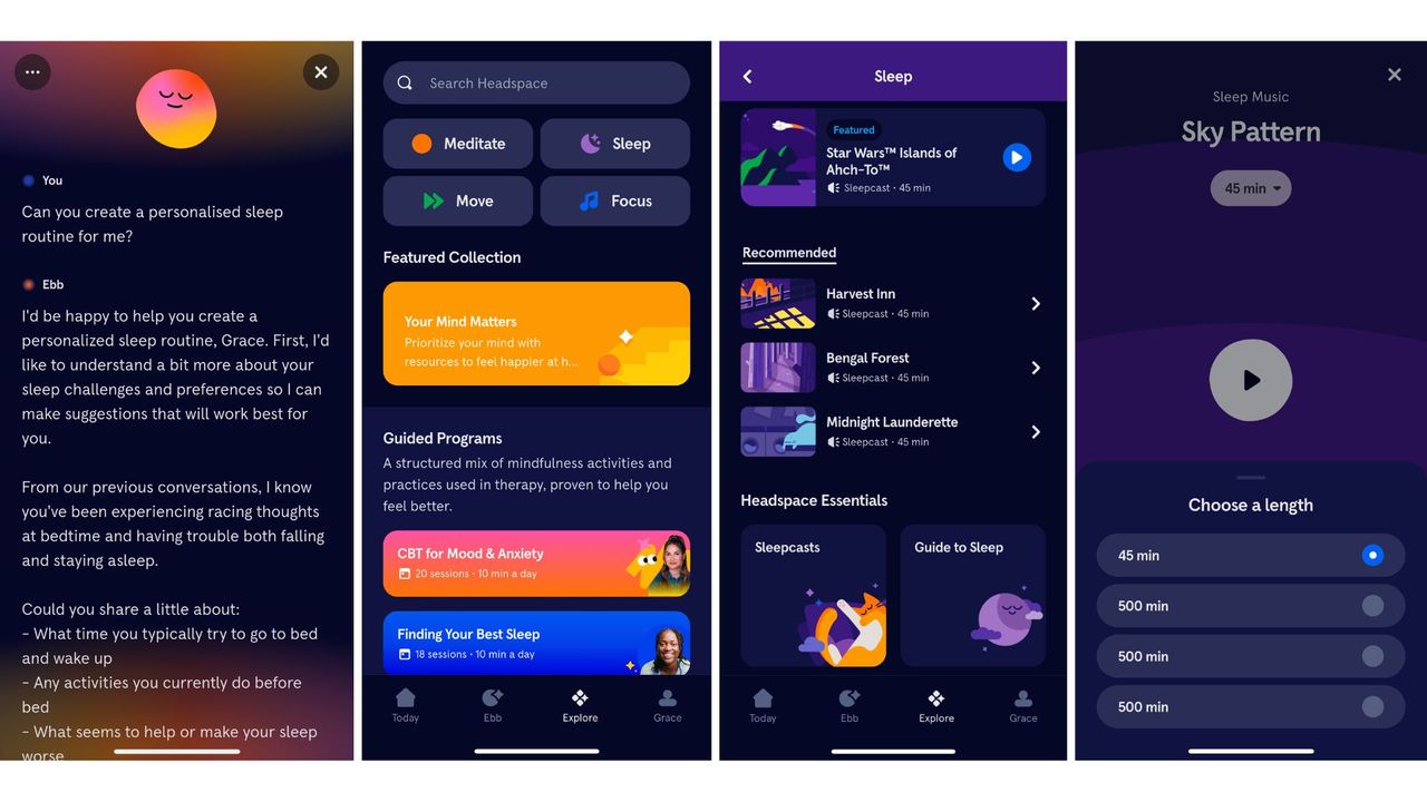 Screenshots from the sleep section of the Headspace app, including AI companion insights
