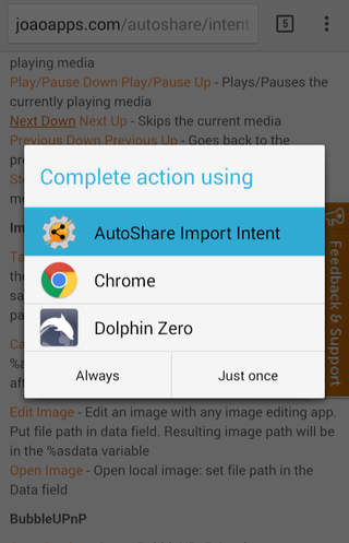 The AutoShare Intent button in Chrome