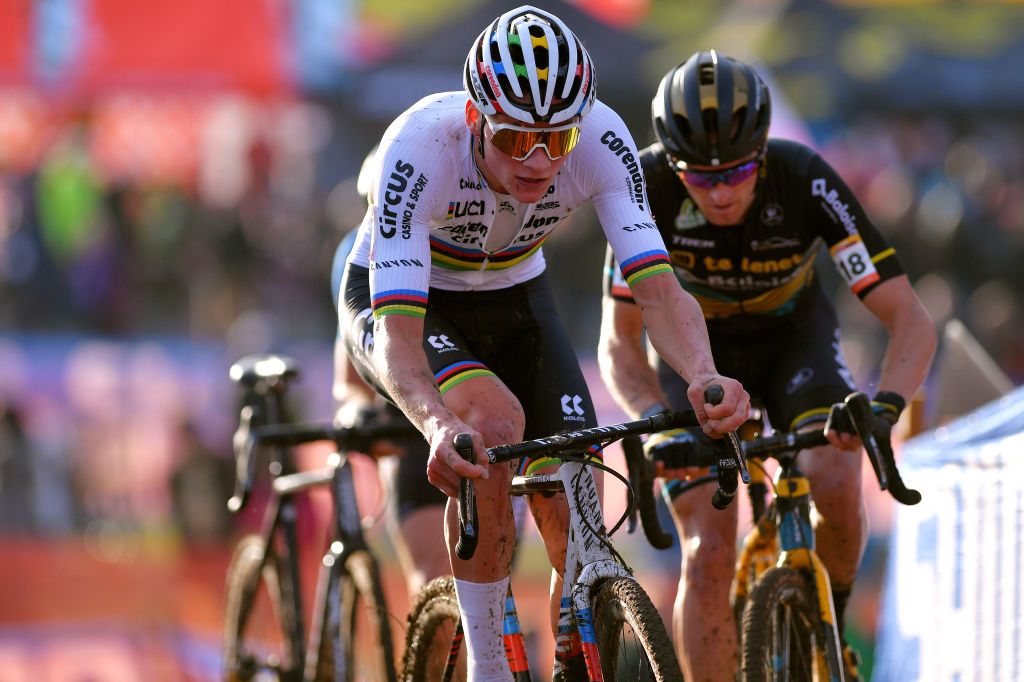 TABOR CZECH REPUBLIC NOVEMBER 16 Mathieu Van Der Poel of The Netherlands and Team Corendon Circus Jim Aernouts of Belgium and Team Telenet Baloise Lions during the 23rd Tabor World Cup 2019 Men Elite UCICX TelenetUCICXWC on November 16 2019 in Tabor Czech Republic Photo by Luc ClaessenGetty Images