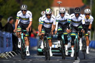 LEUVEN BELGIUM SEPTEMBER 23 LR Luke Durbridge of Australia Caleb Ewan of Australia Lucas Hamilton of Australia and Michael Matthews of Australia during the 94th UCI Road World Championships 2021 Training flanders2021 on September 23 2021 in Leuven Belgium Photo by Luc ClaessenGetty Images