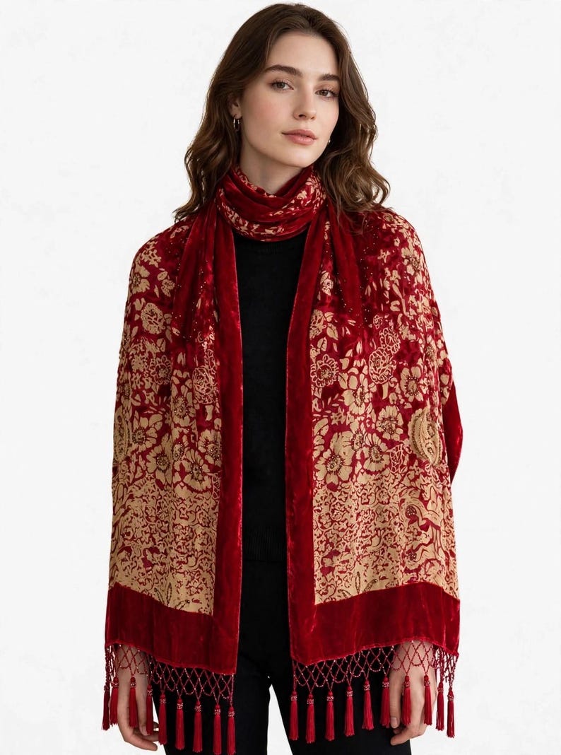Elegant Beaded Vintage Floral 100% Silk Burnout Velvet Oblong Shawl Wrap Scarf Red