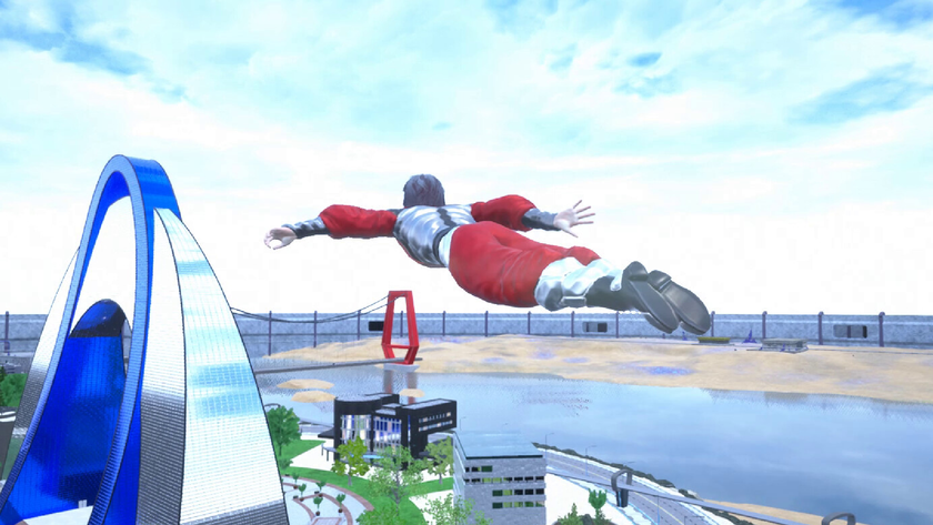 A screenshot from Ship of Heroes depicting a hero soaring over a cityscape.