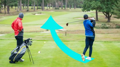 Dan Parker hitting a tee shot to a tight fairway with an arrow dictating the path of his fairway finder shot