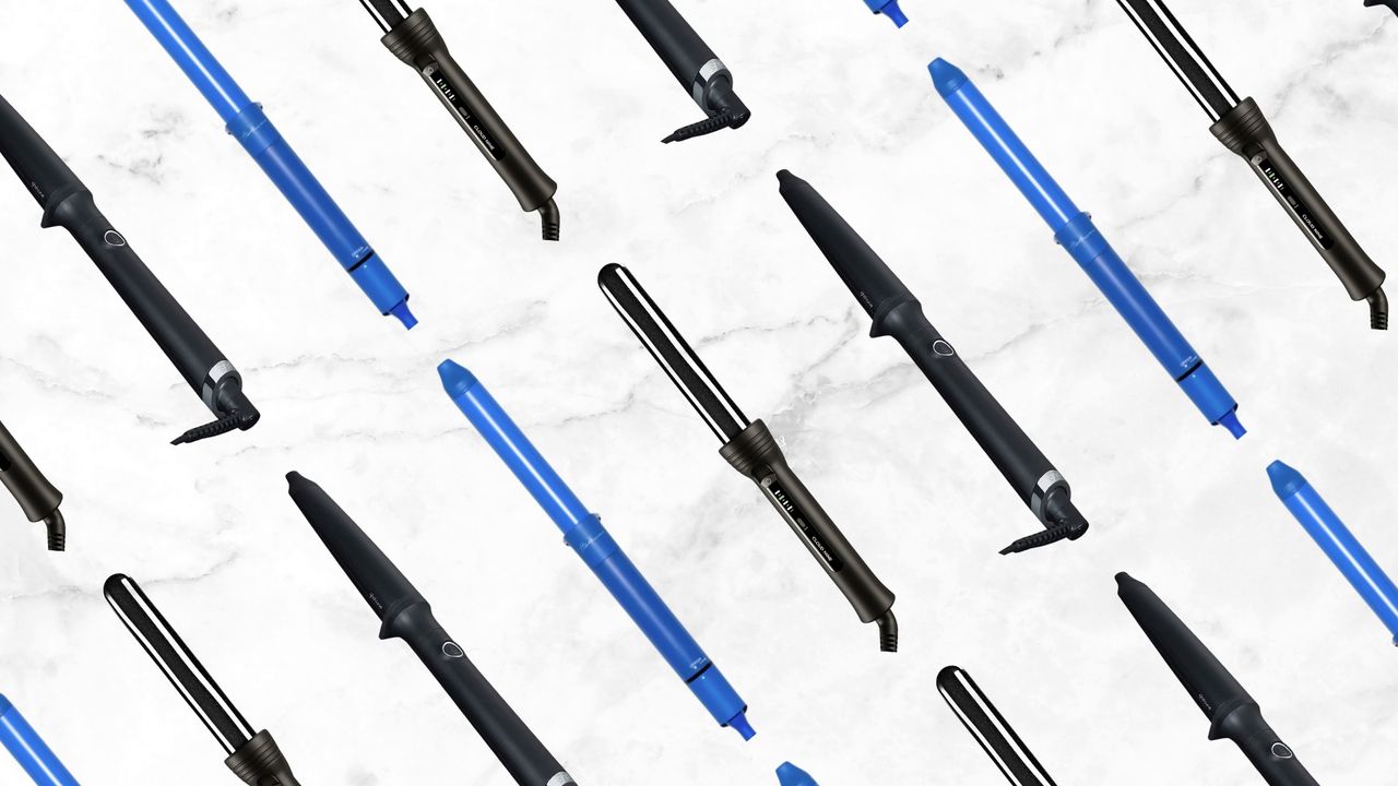 A collage of three of the best hair curlers for short hair featured in this guide, including tools from ghd, Cloud Nine and Hershesons arranged in a repeated line pattern over a grey and white marbled template