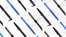 A collage of three of the best hair curlers for short hair featured in this guide, including tools from ghd, Cloud Nine and Hershesons arranged in a repeated line pattern over a grey and white marbled template
