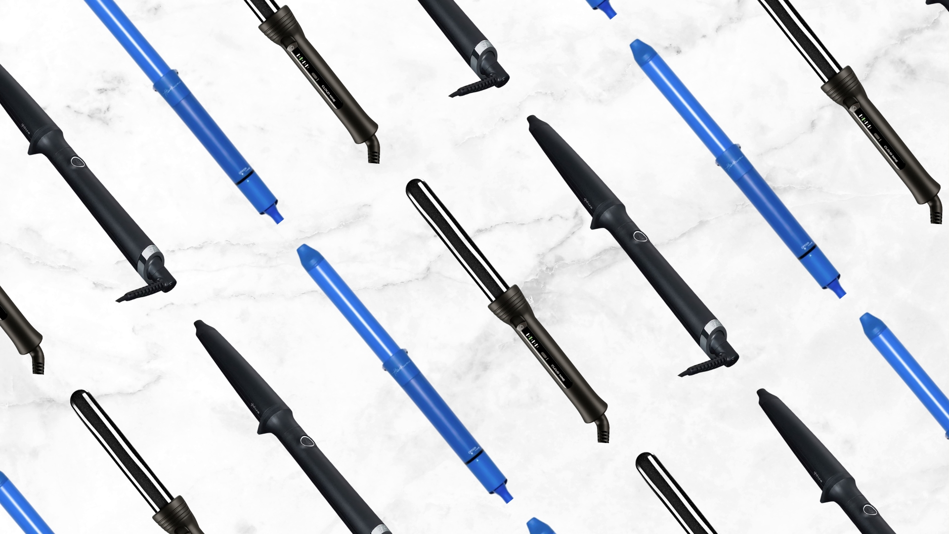 A collage of three of the best hair curlers for short hair featured in this guide, including tools from ghd, Cloud Nine and Hershesons arranged in a repeated line pattern over a grey and white marbled template