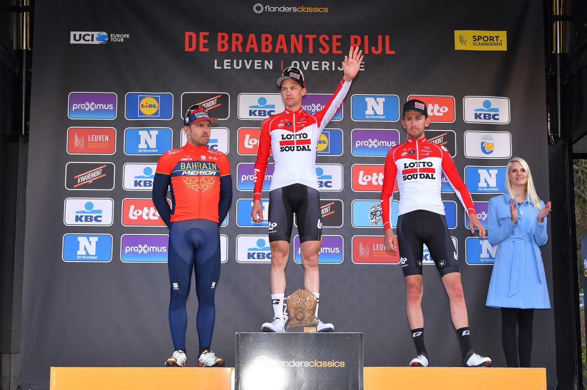Tim Wellens waves from the Brabantse Pijl podium