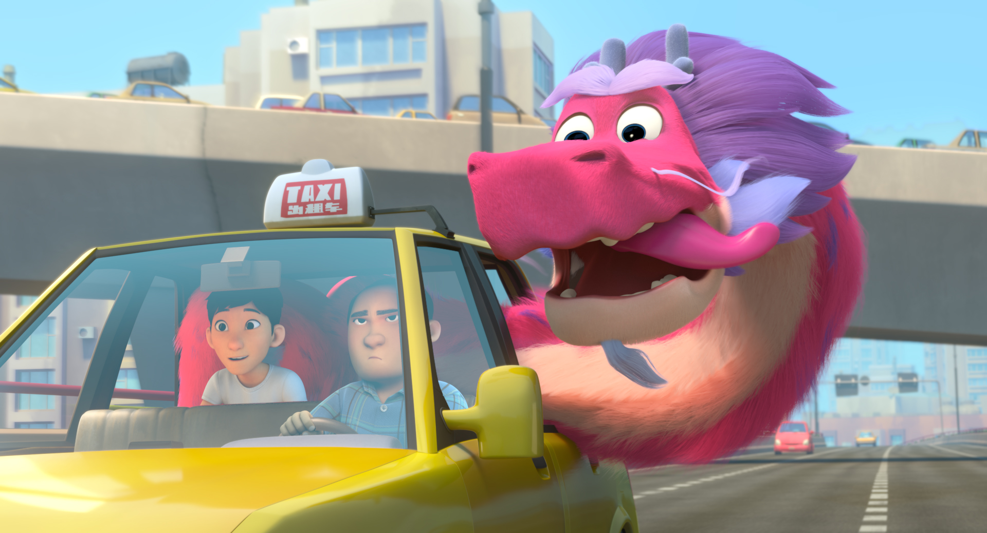 Long the dragon with his head in the wind, sticking out of a cab in Wish Dragon, one of the Best family movies on Netflix