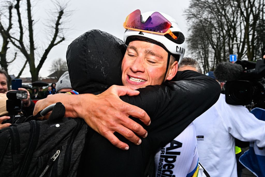 Dutch Mathieu van der Poel of Alpecin-Deceuninck celebrates after winning the 'E3 Saxo Bank Classic' one day cycling race, 207km from and to Harelbeke, Friday 22 March 2024. BELGA PHOTO JASPER JACOBS (Photo by JASPER JACOBS / BELGA MAG / Belga via AFP)