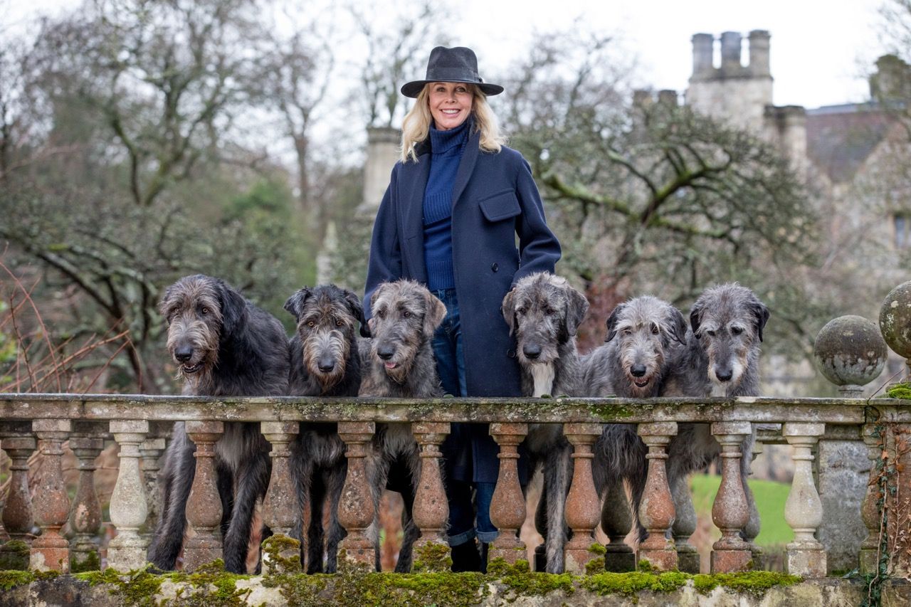 Trudie Styler poses behind a moss-covered stone balustrade with six Irish Wolfhounds lined up in front of her. She wears a navy coat and fedora, with a grand house and wintry trees in the background.
