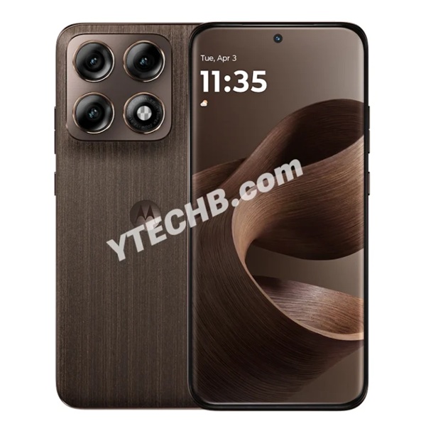 A leaked rendering of the Moto Edge 70 Pro in a walnut-wood colorway with a wooden texture.
