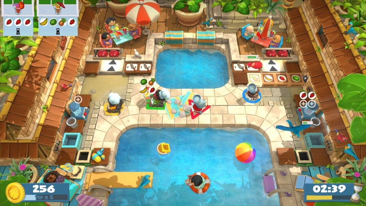 A screenshot from the video game Overcooked All You Can Eat showing frantic chefs running around.