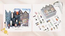 Two images of Liberty Beauty Advent Calendar 2026 and its contents on a pink background with cream and oil swatches