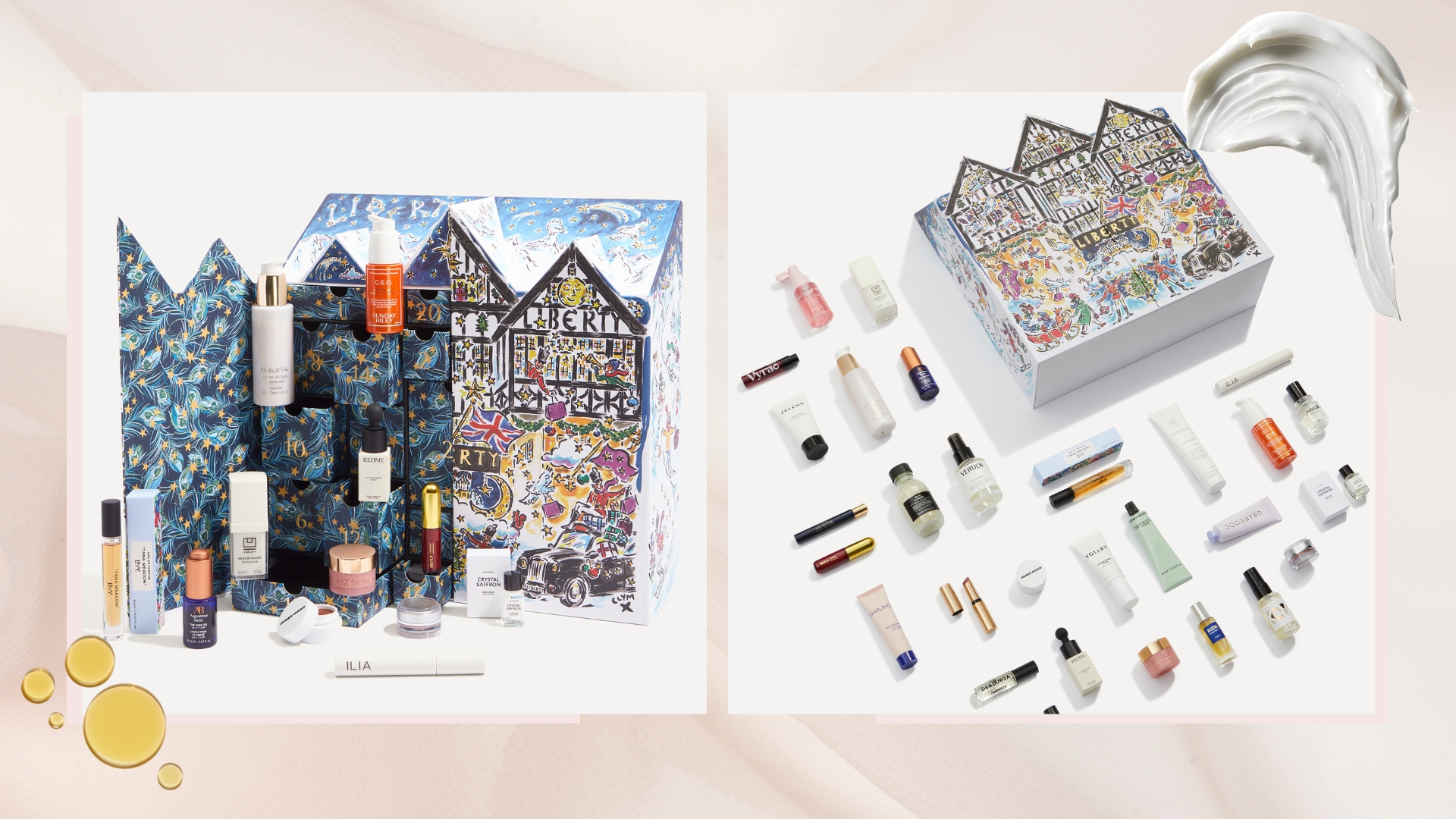 Two images of Liberty Beauty Advent Calendar 2026 and its contents on a pink background with cream and oil swatches