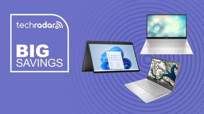 Three HP laptops side by side on a purple background next to TechRadar big savings badge