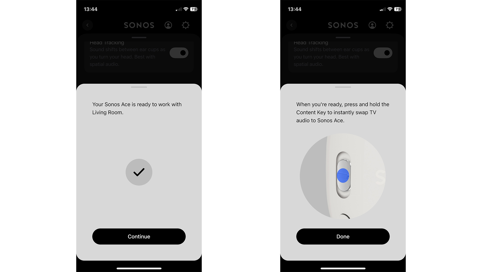 Two screengrabs from the Sonos app showing the Sonos Ace headphones pairing.