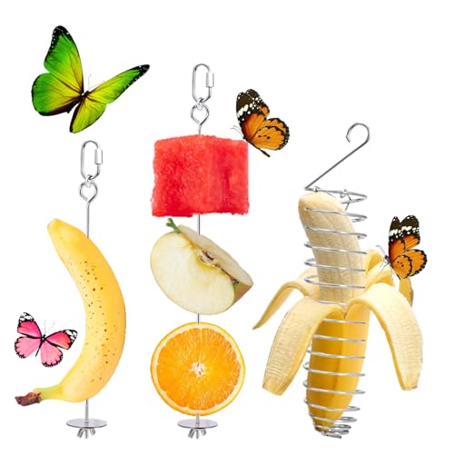 3 Pack Butterfly Banana Feeder, Stainless Steel Outdoor Banana Holder Hanging Butterfly Feeder for Garden Backyard Tree Banana Hammock Attracts Butterflies Bees Birds