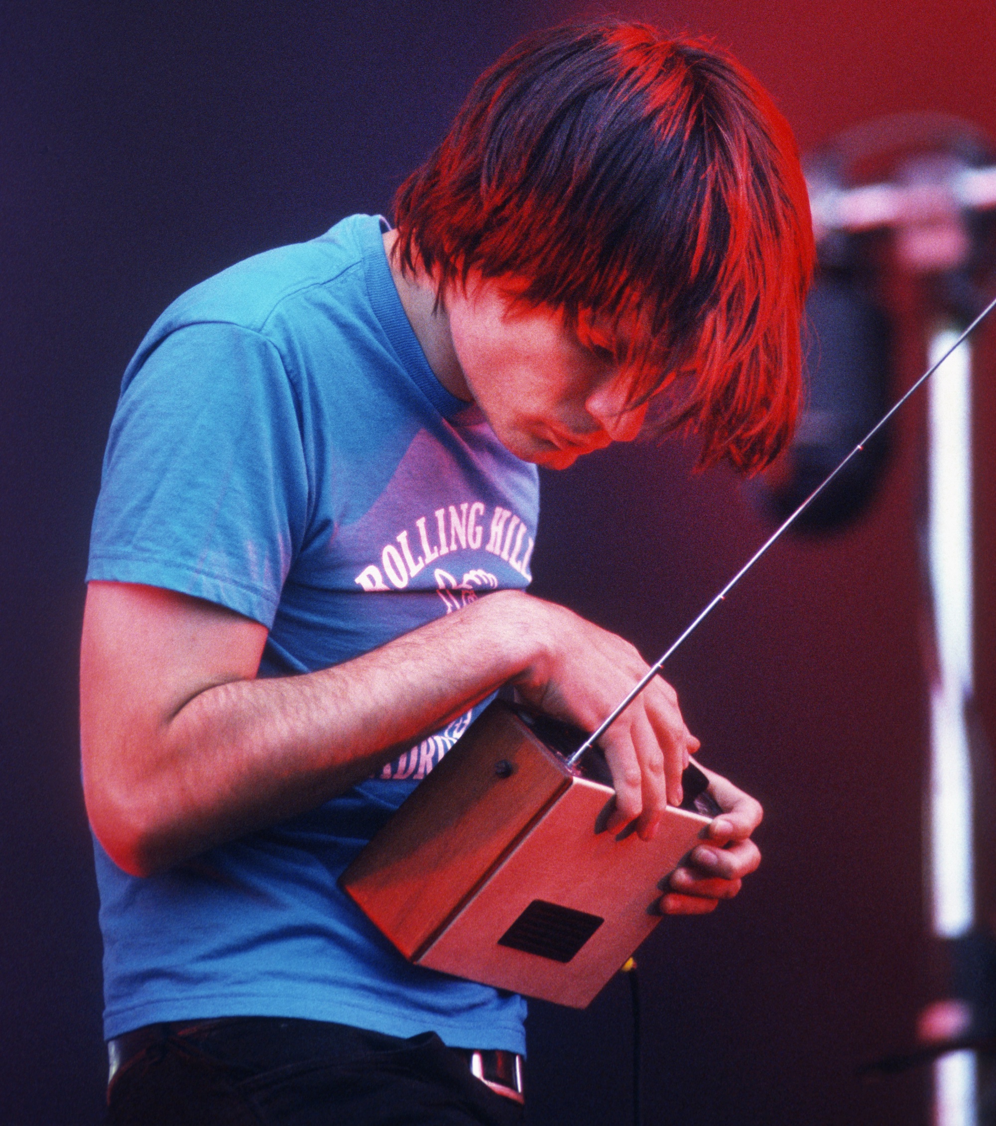 Jonny Greenwood performs onstage with Radiohead at the Pinkpop Festival in Landgraaf, Netherlands on June 4, 2001