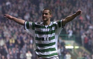 Shaun Malloney of Celtic celebrates the fifth goal during the Bank of Scotland Scottish Premier League game between Celtic and Dundee United at Celtic Park in Glasgow.