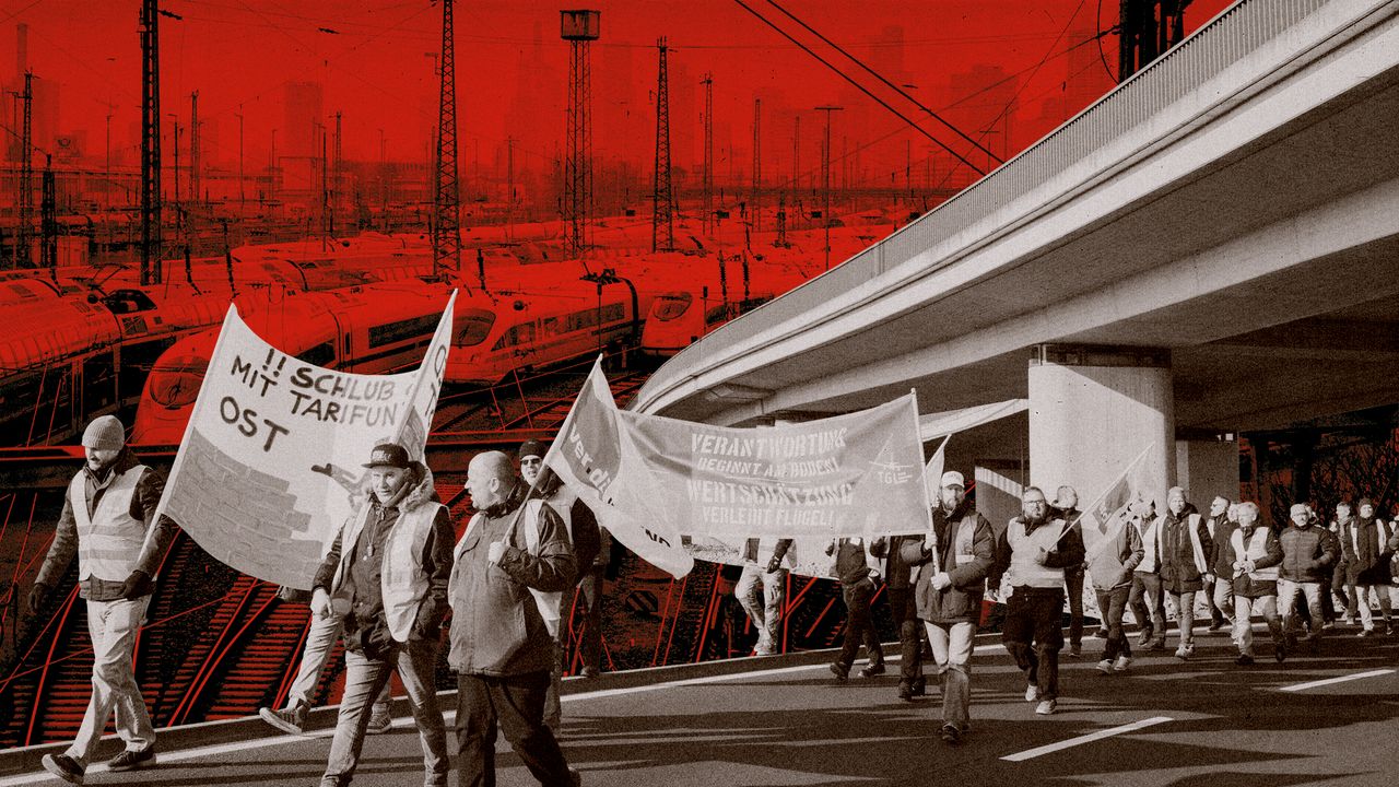 Photo composite of striking workers and empty trains