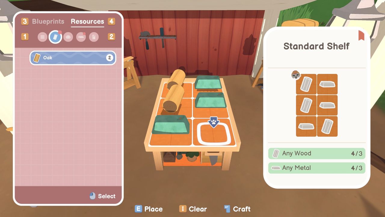 Locomoto screenshot of the grid-based crafting system with wood and metal placed in set squares to make a standard shelf