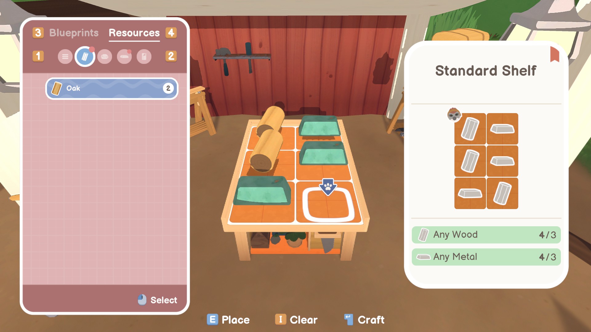 Locomoto screenshot of the grid-based crafting system with wood and metal placed in set squares to make a standard shelf