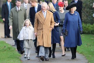 Savannah Phillips, Autumn Phillips, Prince Harry, Prince Charles, Prince of Wales, Princess Eugenie and Camilla, Duchess of Cornwall attend a Christmas Day church service at Sandringham on December 25, 2016