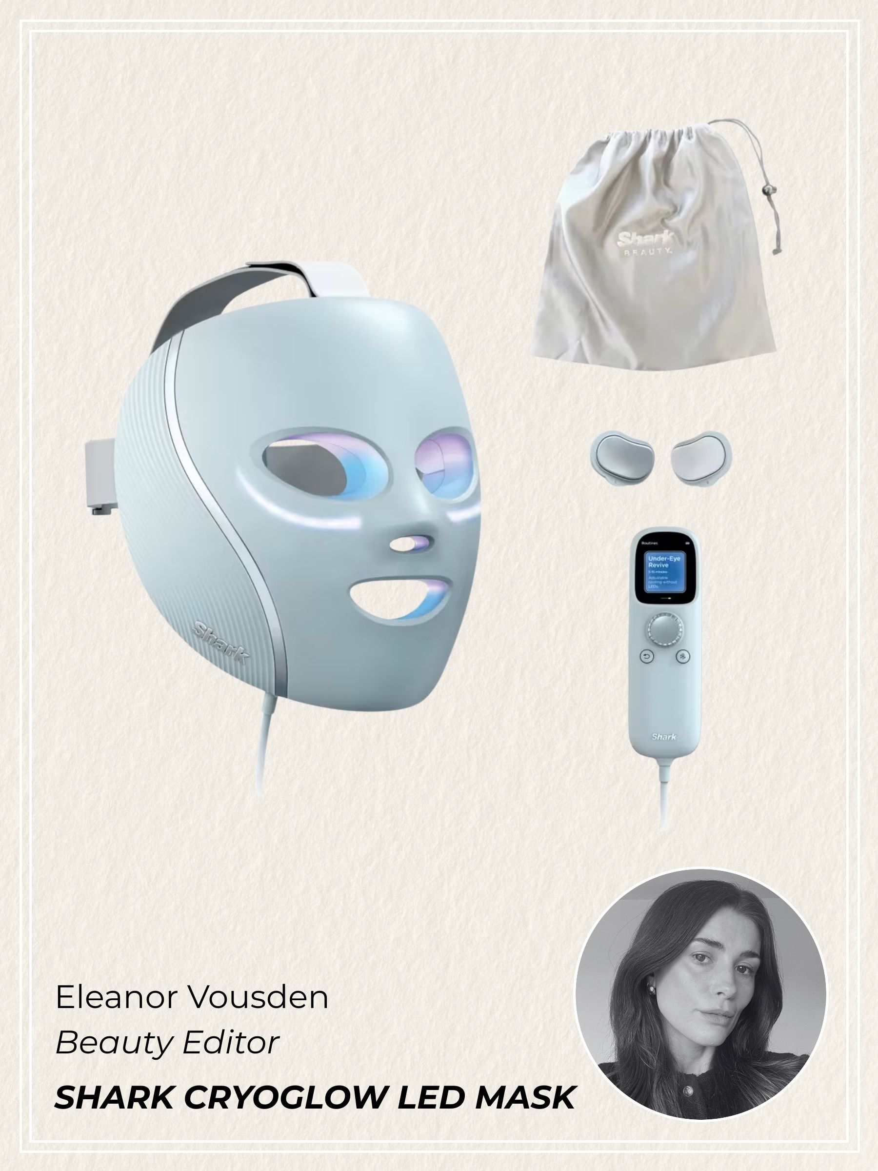 A graphic with the Shark CryoGlow LED Mask