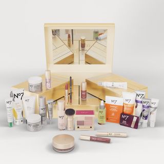 No7 The Ultimate Beauty Advent Calendar with contents laid out in front