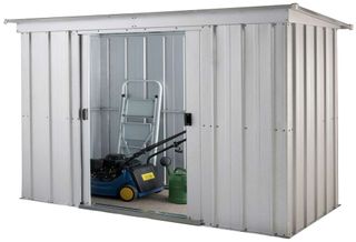Galvanished steel storage unit with 2 sliding doors containing blue lawn mover, a white ladder and green watering can
