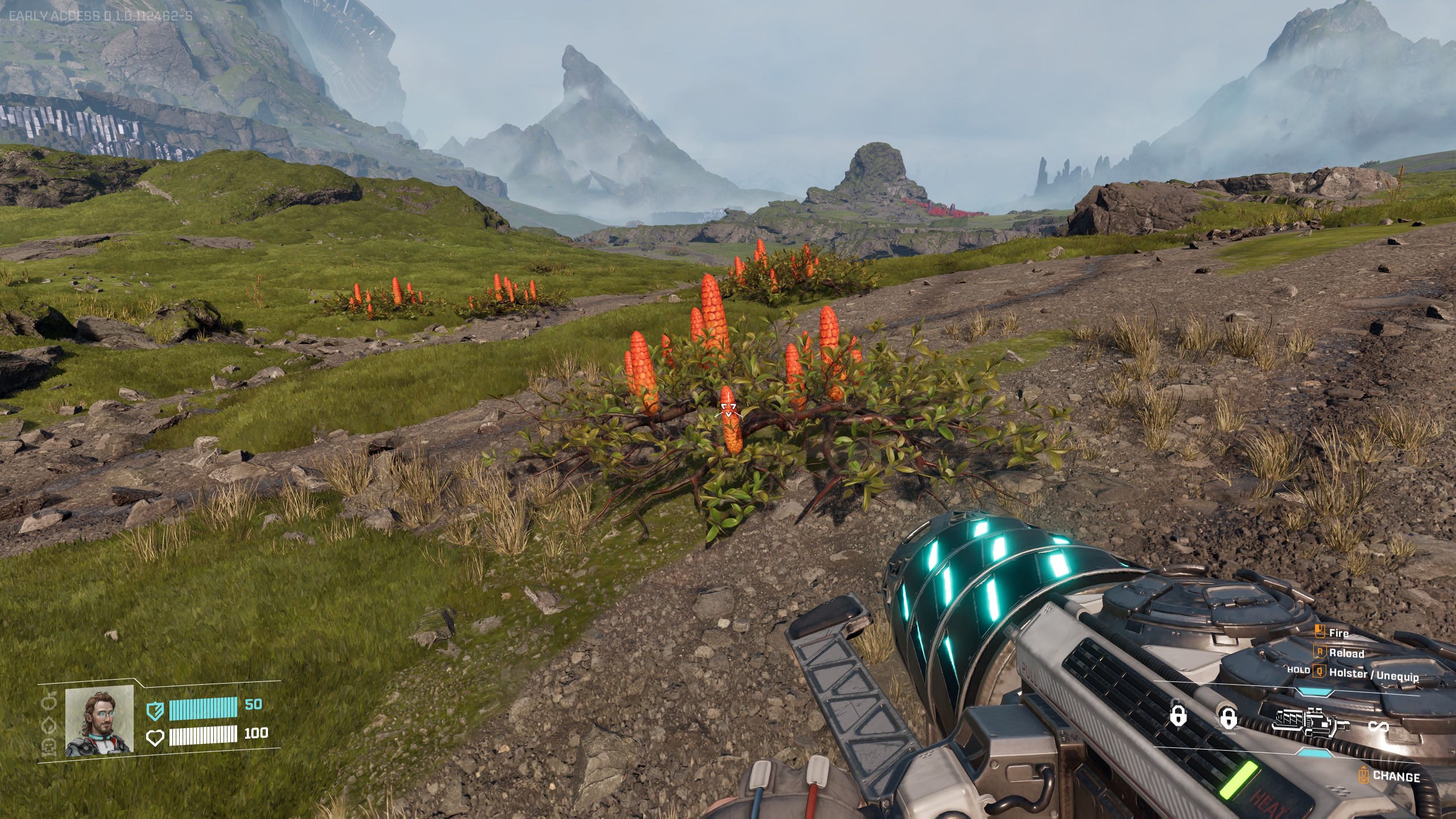 StarRupture food: A player looking at Polifruit in an open, grassy plain on an alien planet.